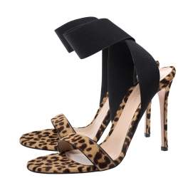 Pre Owned Gianvito Rossi Brown/Black Leopard Print Calf Hair And Elastic Fabric Ankle Wrap Sandals Size 41