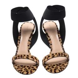 Pre Owned Gianvito Rossi Brown/Black Leopard Print Calf Hair And Elastic Fabric Ankle Wrap Sandals Size 41