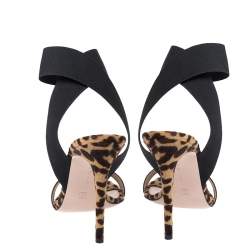 Pre Owned Gianvito Rossi Brown/Black Leopard Print Calf Hair And Elastic Fabric Ankle Wrap Sandals Size 41