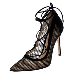 Pre Owned Gianvito Rossi Black Suede And Mesh Pointed Toe Ankle Wrap Pumps Size 40