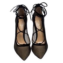Pre Owned Gianvito Rossi Black Suede And Mesh Pointed Toe Ankle Wrap Pumps Size 40