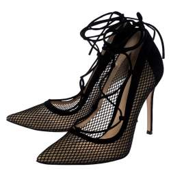 Pre Owned Gianvito Rossi Black Suede And Mesh Pointed Toe Ankle Wrap Pumps Size 40