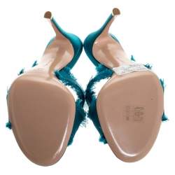 Pre Owned Gianvito Rossi Blue Frayed Satin Open Toe Slides Size 36.5