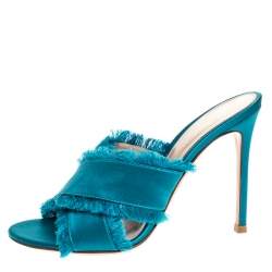 Pre Owned Gianvito Rossi Blue Frayed Satin Open Toe Slides Size 36.5