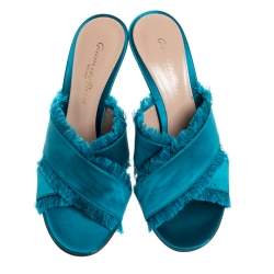 Pre Owned Gianvito Rossi Blue Frayed Satin Open Toe Slides Size 36.5