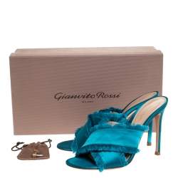 Pre Owned Gianvito Rossi Blue Frayed Satin Open Toe Slides Size 36.5