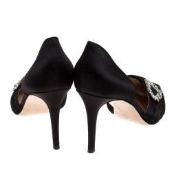 Pre Owned Gianvito Rossi Black Pleated Satin Crystal Embellished Pointed Toe Pumps Size 39.5