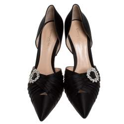 Pre Owned Gianvito Rossi Black Pleated Satin Crystal Embellished Pointed Toe Pumps Size 39.5