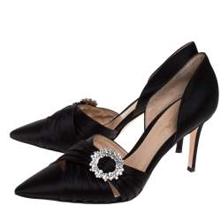 Pre Owned Gianvito Rossi Black Pleated Satin Crystal Embellished Pointed Toe Pumps Size 39.5