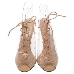 Pre Owned Gianvito Rossi Beige PVC And Leather Helmut Lace Up Boots Size 35.5