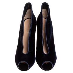 Pre Owned Gianvito Rossi Blue Velvet Vamp V Cut Peep Toe Booties Size 39.5