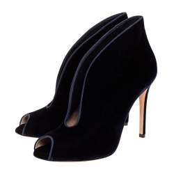 Pre Owned Gianvito Rossi Blue Velvet Vamp V Cut Peep Toe Booties Size 39.5