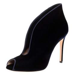 Pre Owned Gianvito Rossi Blue Velvet Vamp V Cut Peep Toe Booties Size 39.5