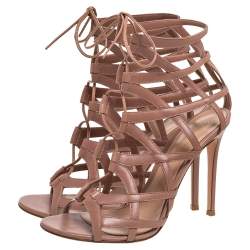 Pre Owned Gianvito Rossi Beige Leather Gladiator Lace Up Booties Size 41