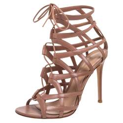 Pre Owned Gianvito Rossi Beige Leather Gladiator Lace Up Booties Size 41