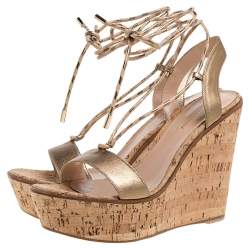 Pre Owned Gianvito Rossi Metallic Gold Leather Wedge Platform Ankle Wrap Sandals Size 40