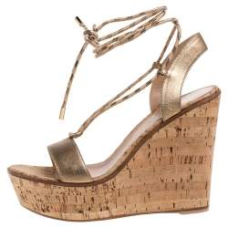 Pre Owned Gianvito Rossi Metallic Gold Leather Wedge Platform Ankle Wrap Sandals Size 40