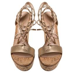 Pre Owned Gianvito Rossi Metallic Gold Leather Wedge Platform Ankle Wrap Sandals Size 40