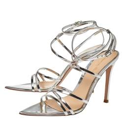 Pre Owned Gianvito Rossi Silver Leather Kim Cross Ankle Strap Sandals Size 37