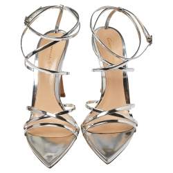 Pre Owned Gianvito Rossi Silver Leather Kim Cross Ankle Strap Sandals Size 37