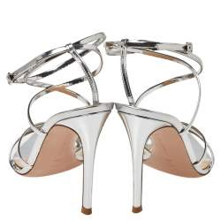 Pre Owned Gianvito Rossi Silver Leather Kim Cross Ankle Strap Sandals Size 37