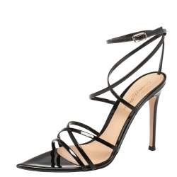 Pre Owned Gianvito Rossi Black Patent Leather Kim Cross Ankle Strap Sandals Size 37