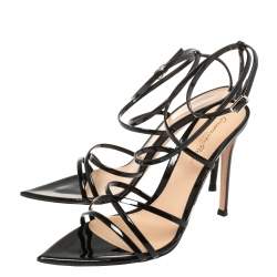 Pre Owned Gianvito Rossi Black Patent Leather Kim Cross Ankle Strap Sandals Size 37