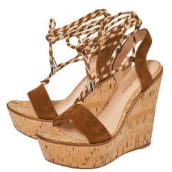 Pre Owned Gianvito Rossi Brown Suede Platform Wedges Ankle Wrap Sandals Size 40