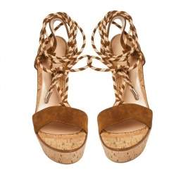Pre Owned Gianvito Rossi Brown Suede Platform Wedges Ankle Wrap Sandals Size 40