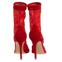 Pre Owned Gianvito Rossi Red Suede And Lace Pointed Toe Ankle Booties Size 36