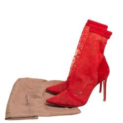 Pre Owned Gianvito Rossi Red Suede And Lace Pointed Toe Ankle Booties Size 36