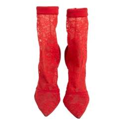 Pre Owned Gianvito Rossi Red Suede And Lace Pointed Toe Ankle Booties Size 36