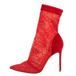 Pre Owned Gianvito Rossi Red Suede And Lace Pointed Toe Ankle Booties Size 36