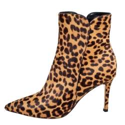 Gianvito Rossi Brown/Beige Leopard Print Calf Hair Ankle Boots Size 36.5