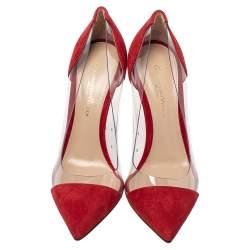 Pre Owned Gianvito Rossi Red Suede And PVC Plexi Pointed Toe Pumps Size 35