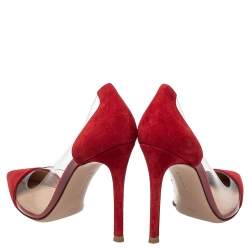Pre Owned Gianvito Rossi Red Suede And PVC Plexi Pointed Toe Pumps Size 35