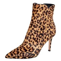 Pre Owned Gianvito Rossi Brown/Beige Leopard Print Calf Hair Ankle Boots Size 36.5