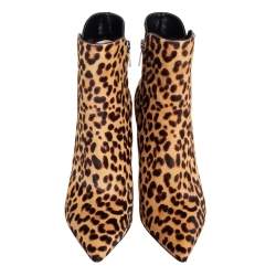Pre Owned Gianvito Rossi Brown/Beige Leopard Print Calf Hair Ankle Boots Size 36.5