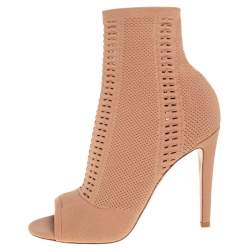 Pre Owned Gianvito Rossi Beige Knit Fabric Open Toe Ankle Boots Size 40