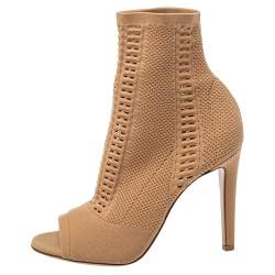 Pre Owned Gianvito Rossi Beige Knit Fabric Open Toe Ankle Boots Size 37
