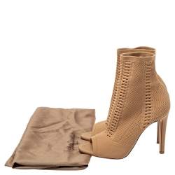 Pre Owned Gianvito Rossi Beige Knit Fabric Open Toe Ankle Boots Size 37