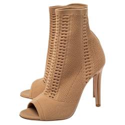 Pre Owned Gianvito Rossi Beige Knit Fabric Open Toe Ankle Boots Size 37