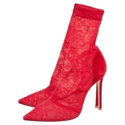 Pre Owned Gianvito Rossi Red Lace And Suede Pointed Toe Booties Size 38