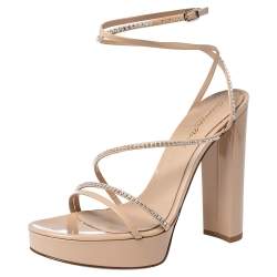 Pre Owned Gianvito Rossi Beige Patent Leather Crystal Embellished Ankle Strap Platform Sandals Size 38