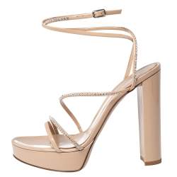 Pre Owned Gianvito Rossi Beige Patent Leather Crystal Embellished Ankle Strap Platform Sandals Size 38