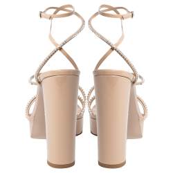Pre Owned Gianvito Rossi Beige Patent Leather Crystal Embellished Ankle Strap Platform Sandals Size 38