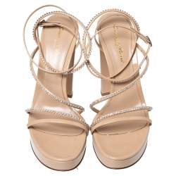 Pre Owned Gianvito Rossi Beige Patent Leather Crystal Embellished Ankle Strap Platform Sandals Size 38