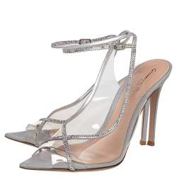 Pre Owned Gianvito Rossi Silver Shimmer Leather And PVC Crystelle Embellished Ankle Strap Sandals Size 38.5