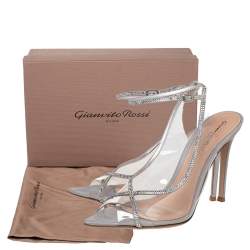 Pre Owned Gianvito Rossi Silver Shimmer Leather And PVC Crystelle Embellished Ankle Strap Sandals Size 38.5