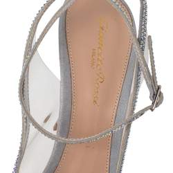 Pre Owned Gianvito Rossi Silver Shimmer Leather And PVC Crystelle Embellished Ankle Strap Sandals Size 38.5